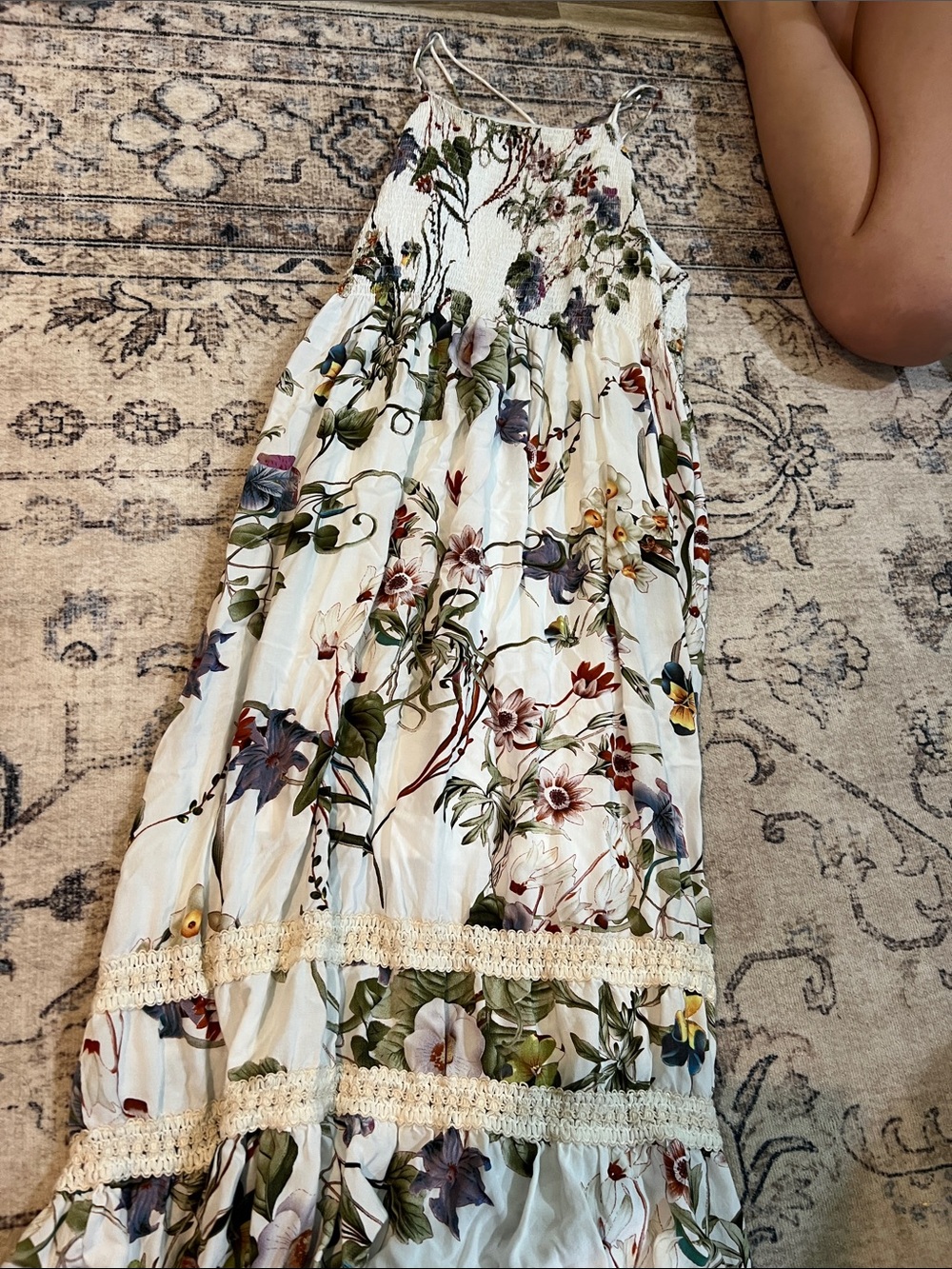 Altar'd State White Floral Maxi Skirt with Crochet Trim